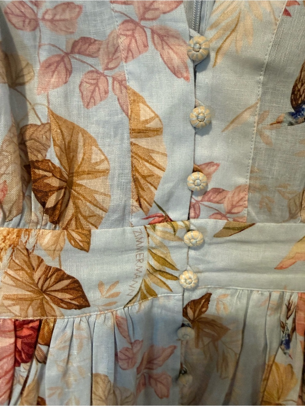 Zimmermann Light Blue Tropical-Print Puff-Sleeve Mini Dress with Yellow Accents - Picture 6 of 7